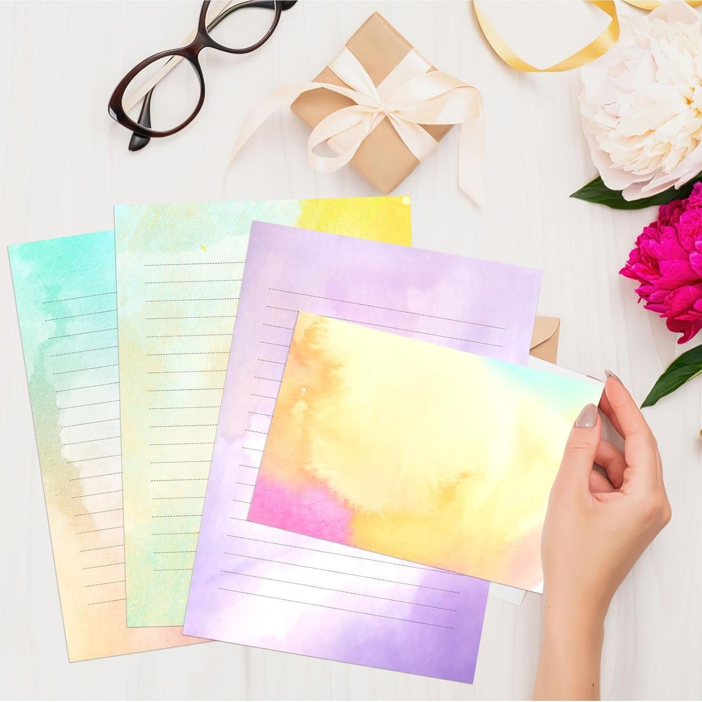 Watercolor Stationary Paper and Envelopes Set, 24 PCS Colorful Writing Stationery Paper with 12 PCS Envelopes,Pretty Watercolor Styles Stationery Printed Design for Love Letter, Party Invitations