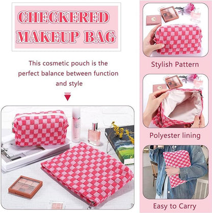 AIMALL 2PCS Checkered Makeup Bag for Purse - Portable Zipper Cosmetic Pouch, Small Travel Case for Accessories, 9.84in & 6.7in