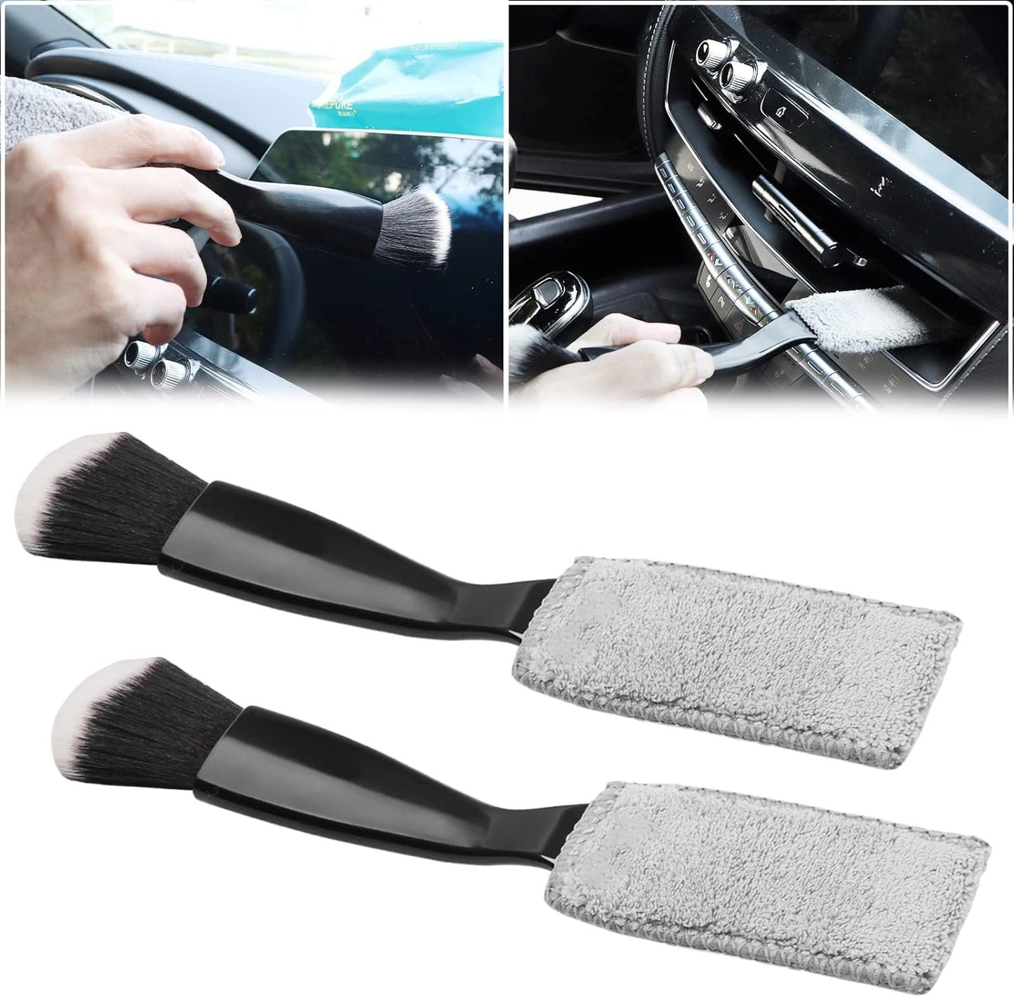 Jerbor 2Pack Double Head Brush for Car Clean,2 in 1 Duster Detailing Interior,Car Air Vents Dashboard Screen Clean Black