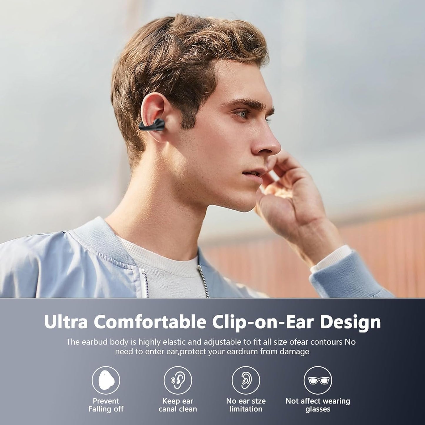 Open Ear Clip On Headphones with Ear Hook Wireless Bone Conduction Earbuds with Digital Display Charging Case Built-in Mic IPX7 Waterproof Bluetooth 5.3 Sport Earphones for Running Fitness