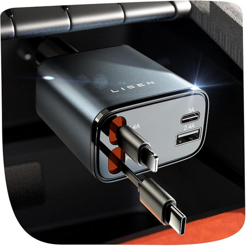 LISEN Retractable Car Charger USB C 69W Cigarette Lighter Adapter Fast Charging, Gifts Fathers Day Road Travel Essentials for Women Men, Car Accessories Interior for iPhone 16 15 S25