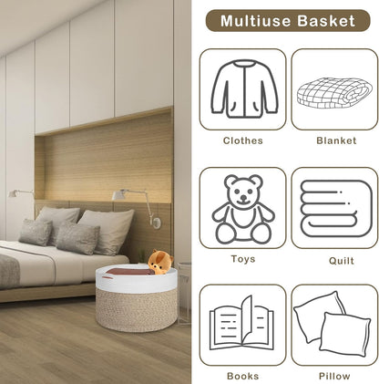 Extra Large 100% Cotton Rope Basket 21.7" × 21.7" × 13.8", SONPENT Woven Storage Laundry Basket Cotton Basket Pillows Storage Bin with Handle for Living Room Home Decor