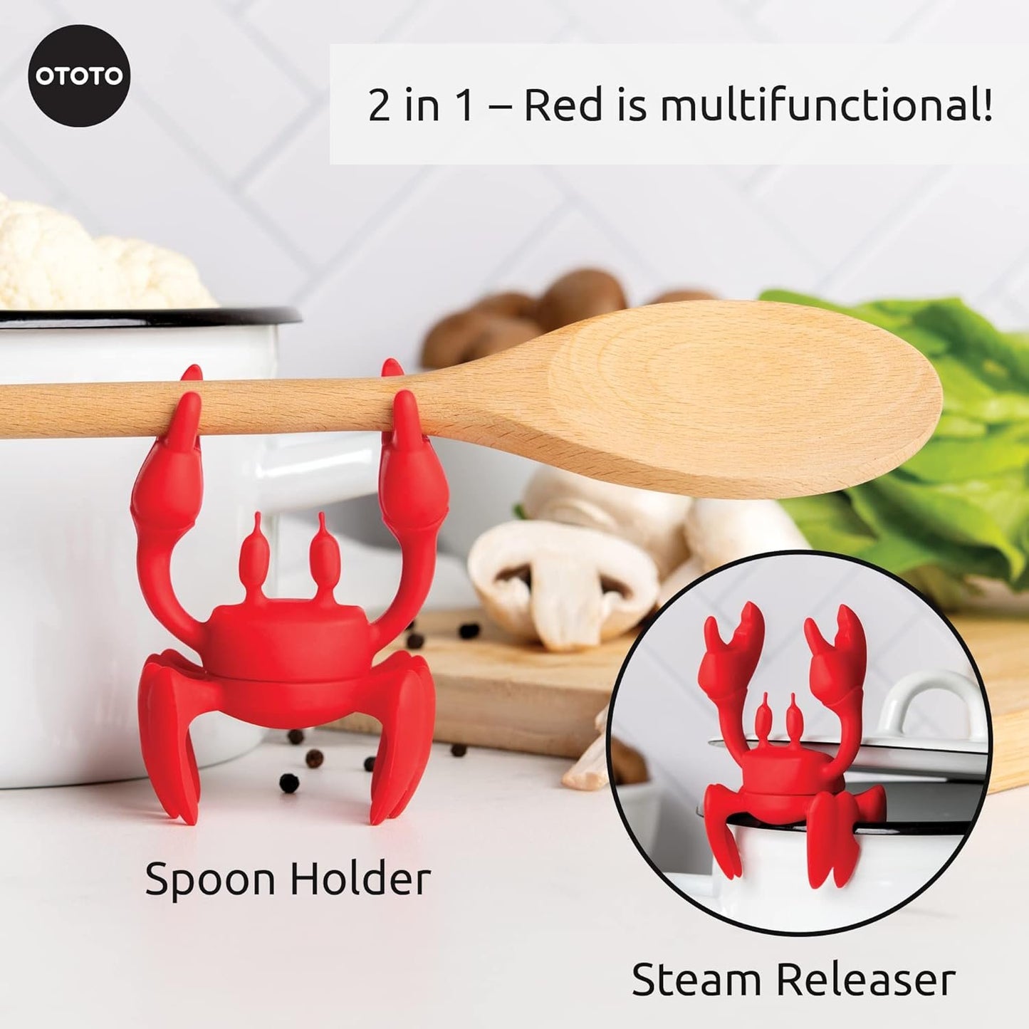 OTOTO Red The Crab Utensil Rest - Cooking Gifts, Spoon Rest Repose Cuillère - Heat-Resistant Steam Releaser, Non-Slip Spoon Holder, Chopstick Holder