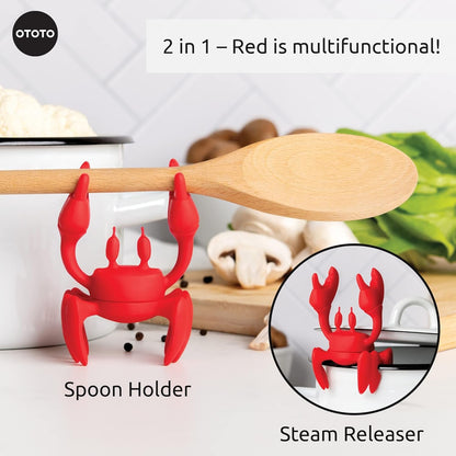 OTOTO Red The Crab Utensil Rest - Cooking Gifts, Spoon Rest Repose Cuillère - Heat-Resistant Steam Releaser, Non-Slip Spoon Holder, Chopstick Holder