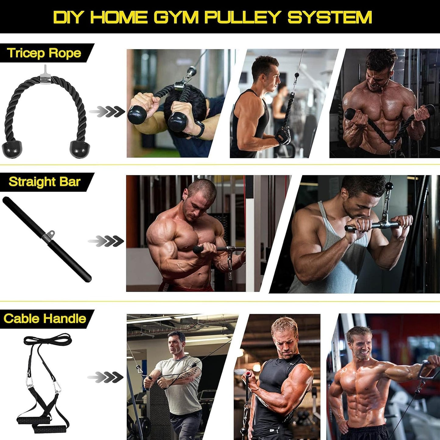 Pulley System for Exercise, 3 in 1 Pulley Cable System with LAT Pulldown Bar/ Tricep Rope/ 2M Gym Cable, Pro Weight Pulley System for Shoulder/Gym, Home Pulley Gym, Fitness Pulley Machine Attachments