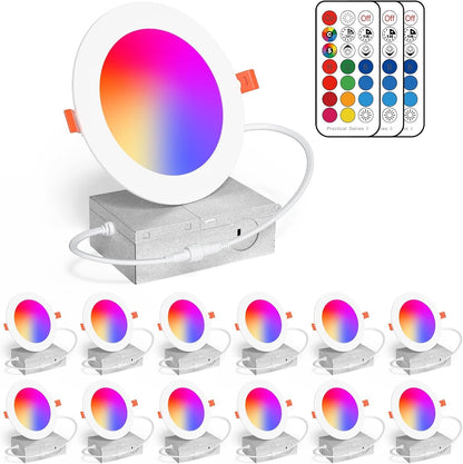 Recessed Lighting 4 Inch Color Changing Pot Lights 12W LED Downlights,1050Lumens Recessed Ceiling Light,RGB & Warm White 2700K Dimmable by Remote Control,Timer - 12 Color Choices - 2 Modes,12 Pack