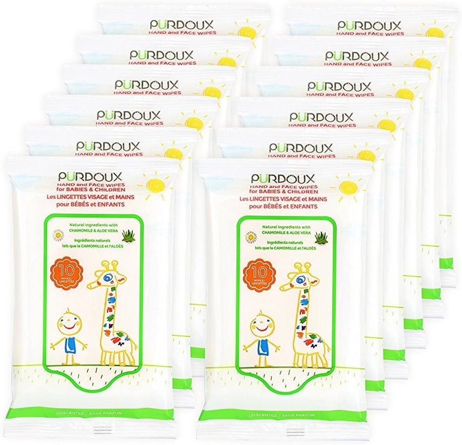 PURDOUX TM Hand and Face Wipes for Babies and Children 120 Wipes (12 Packs of 10)