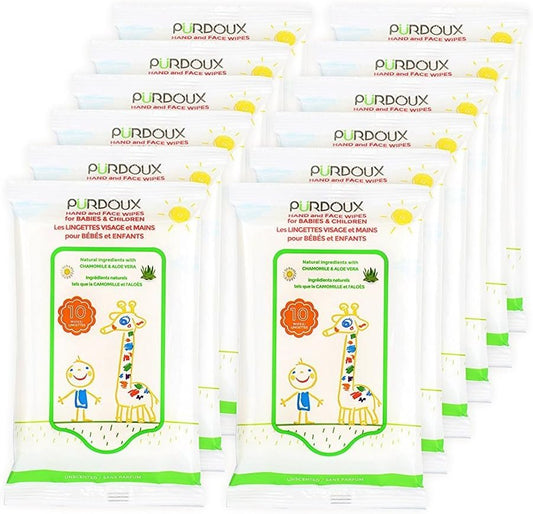 PURDOUX TM Hand and Face Wipes for Babies and Children 120 Wipes (12 Packs of 10)