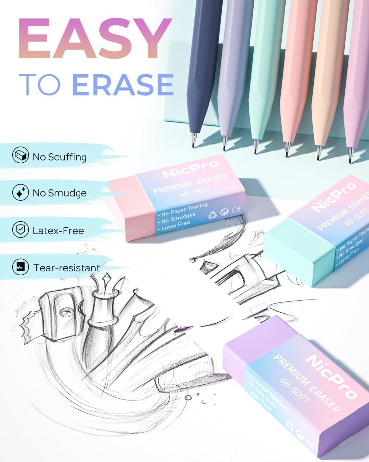 Nicpro 6PCS Pastel Cute Mechanical Pencil Set, Mechanical Pencils 0.5 & 0.7 mm with 6 Tubes HB Pencil Leads, 3PCS Erasers and 9PCS Eraser Refills, Aesthetic School Supplies Stuff for Girls Writing