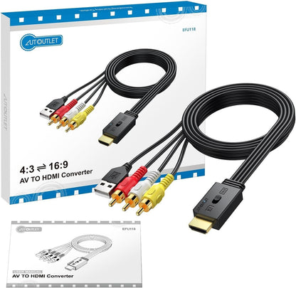 AUTOUTLET RCA to HDMI Converter with Aspect Ratio Switch (4:3/16:9), 1080P/720P Mini AV to HDMI Adapter with Built-in 150cm Cable for VCR, VHS, DVD