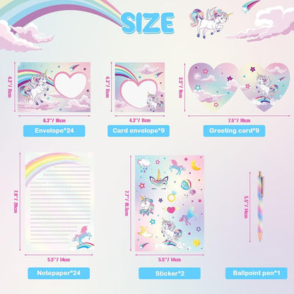 WERNNSAI Kids Stationery Set - 69 PCS Unicorn Girls Stationery Set Teens Pink Paper Letter Writing Set Stationery Writing Sheets with Envelopes Greeting Cards School Girls Unicorn Gift Set