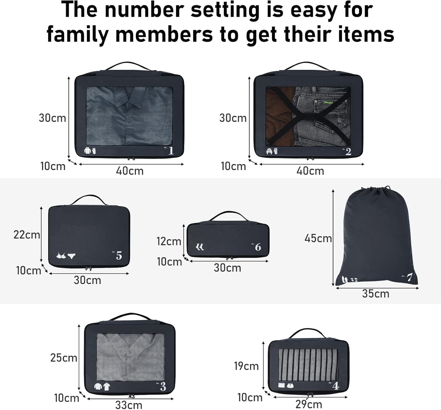 ECOHUB Organizer Suitcases 7 Pieces Packing Cubes Kit Travel Kit Environmentally Friendly PET Travel Accessories Organizer Space-Saving Travel Shoe Holder Organizer Backpack (Dark Blue)