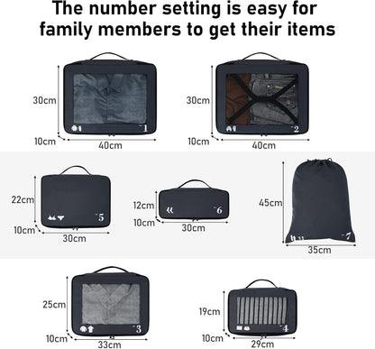 ECOHUB Organizer Suitcases 7 Pieces Packing Cubes Kit Travel Kit Environmentally Friendly PET Travel Accessories Organizer Space-Saving Travel Shoe Holder Organizer Backpack (Dark Blue)
