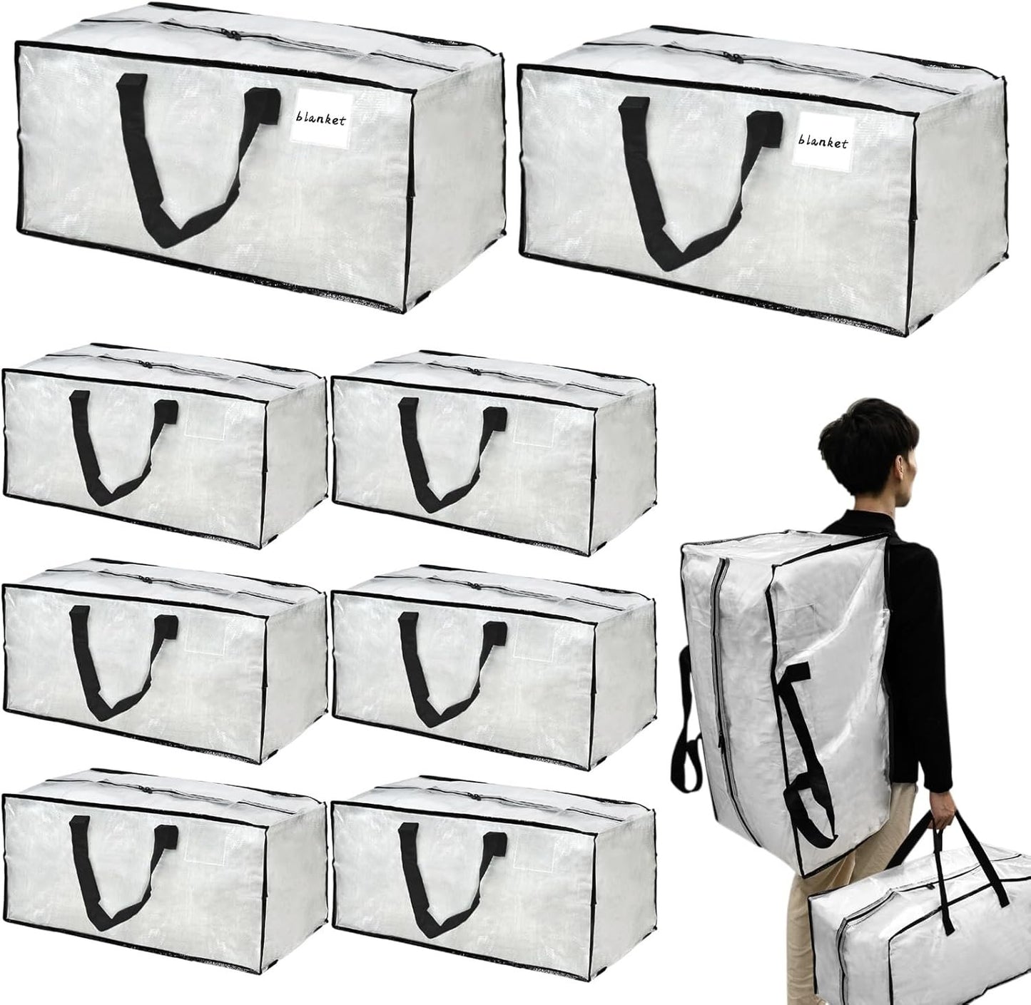 Heran 8 Pack Extra Large Moving Bags with Backpack Straps & Carrying Handles, 92L Heavy Duty Storage Bags with Zippers, Alternative to Moving Boxes, Storage Totes for Clothing Blankets Space Saving