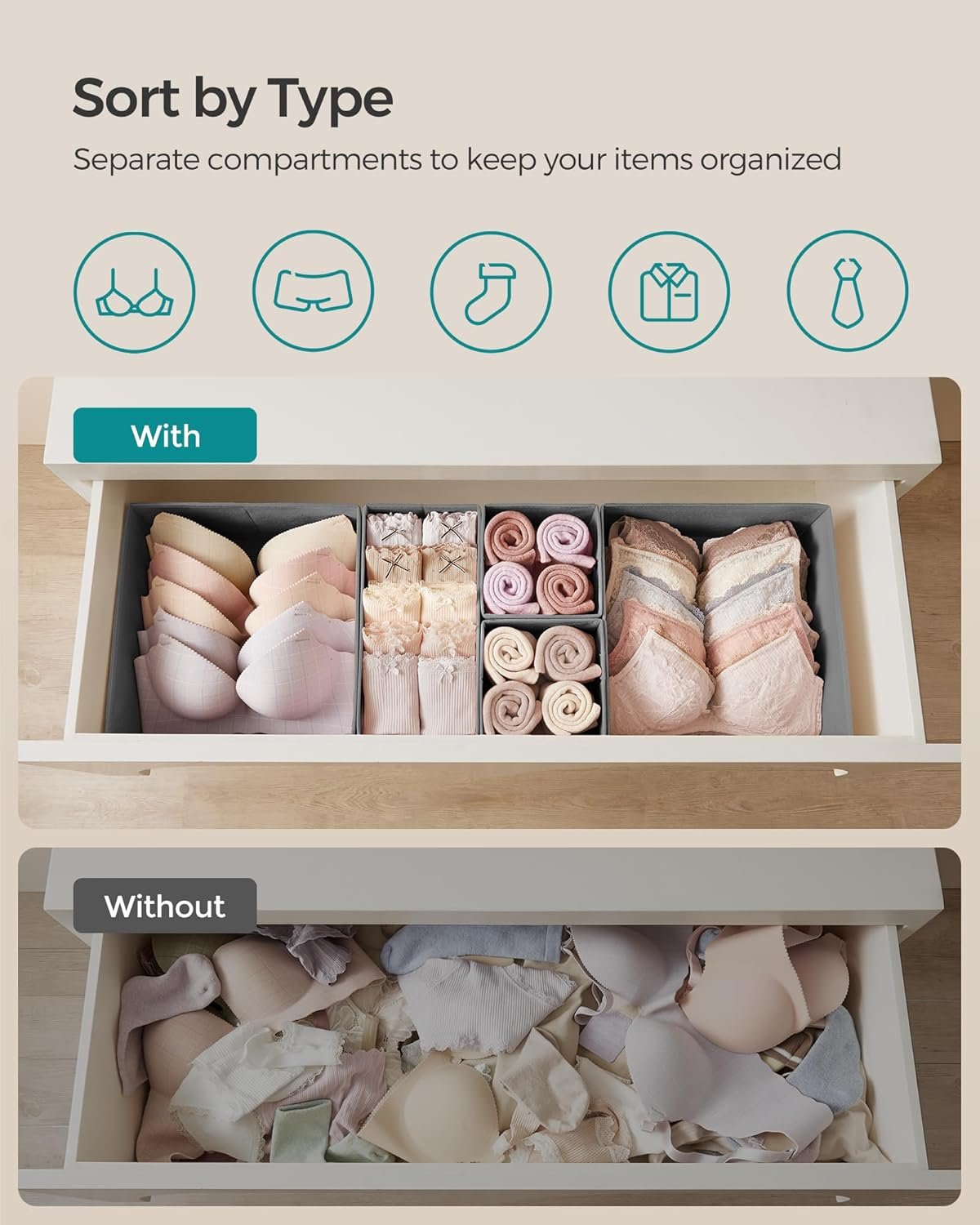 SONGMICS Drawer Organizers, Dresser Divider Organizers, Set of 12, Foldable Fabric Storage Boxes for Socks, Underwear, Bras, Ties, Scarves, Dove Gray URDZ006G02