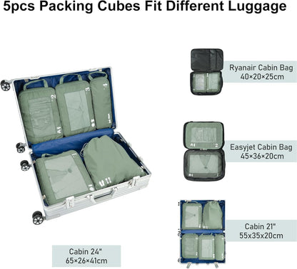 ECOHUB 5 Pieces Organizer Suitcase Compression Space-Saving Travel Accessories Useful Packing Cubes Set Organizer Travel Bags Travel Essentials Kit Air Travel (Green)