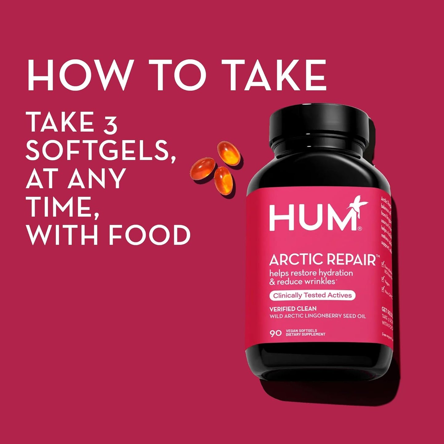 HUM Arctic Repair - Anti-Aging Supplement - Vitamins A & E Rejuvenate Skin Hydration - Omega 3, 6 & 9 with Lingonberry Seed Oil to Help Diminish Appearance of Wrinkles (90 Vegan Softgels)