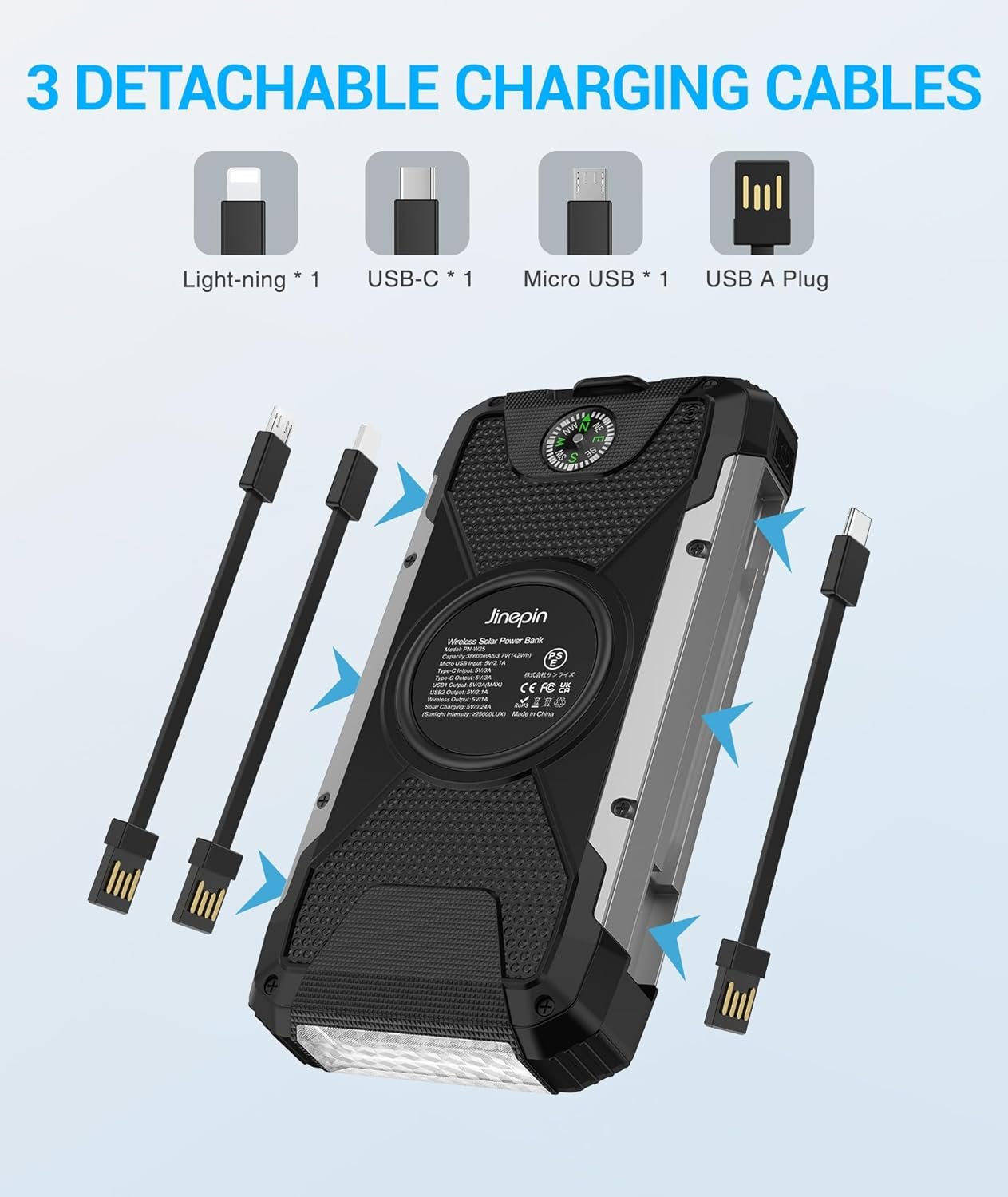 Solar Charger 38600mAh,Solar Power Bank Wireless Portable Charger Built in 3 Cables External Battery Pack Waterproof with 4 Outputs 2 Inputs USB C 15 W 5V/3A Battery Bank with Camping Light Compass