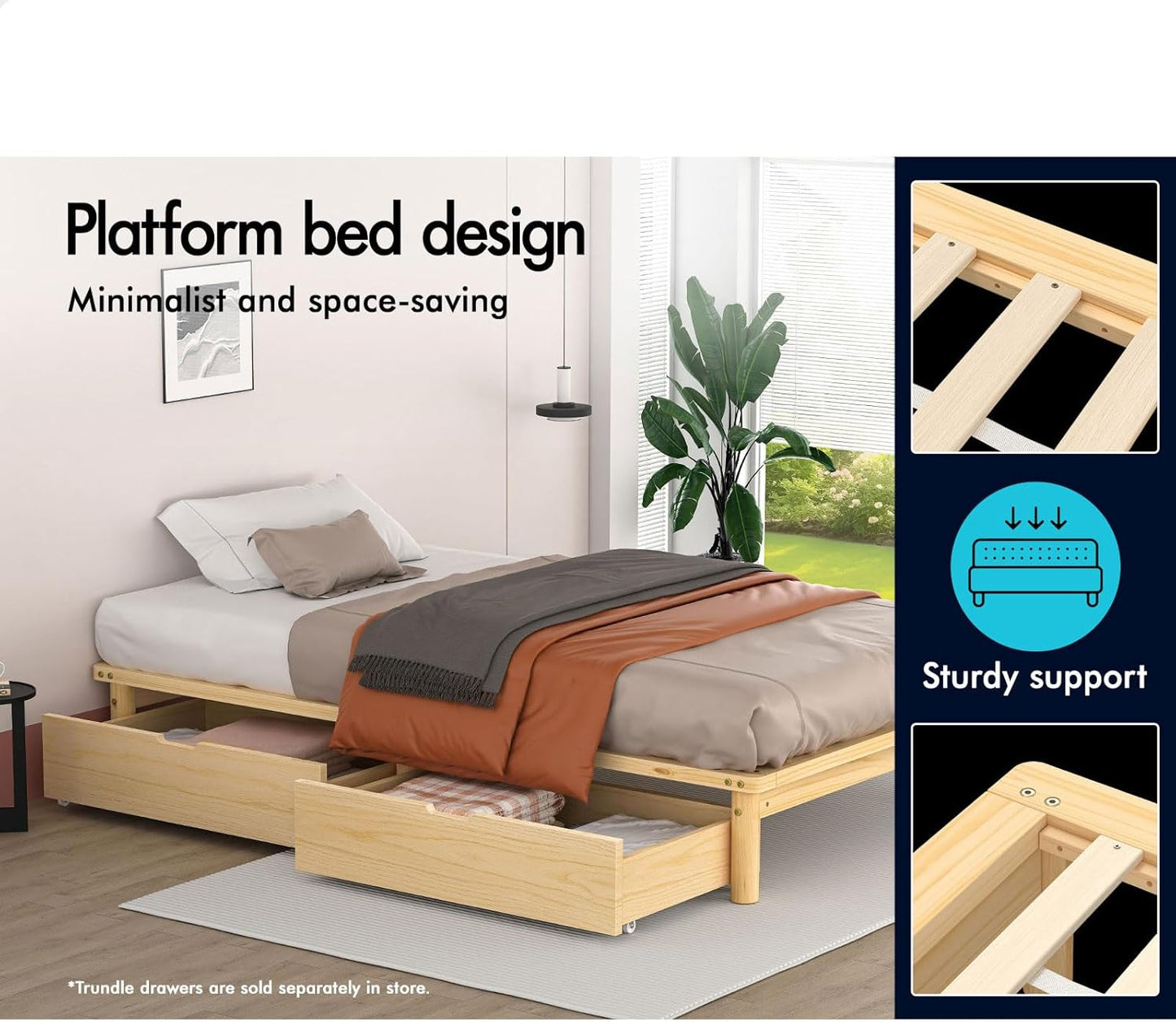 ALFORDSON King Single Bed Frame Wooden Bed Base with Timber Slats, Solid Pine Wood Mattress Base Platform Support, Bed Foundation with Storage Space, Home Bedroom Furniture, Basia Series in Oak