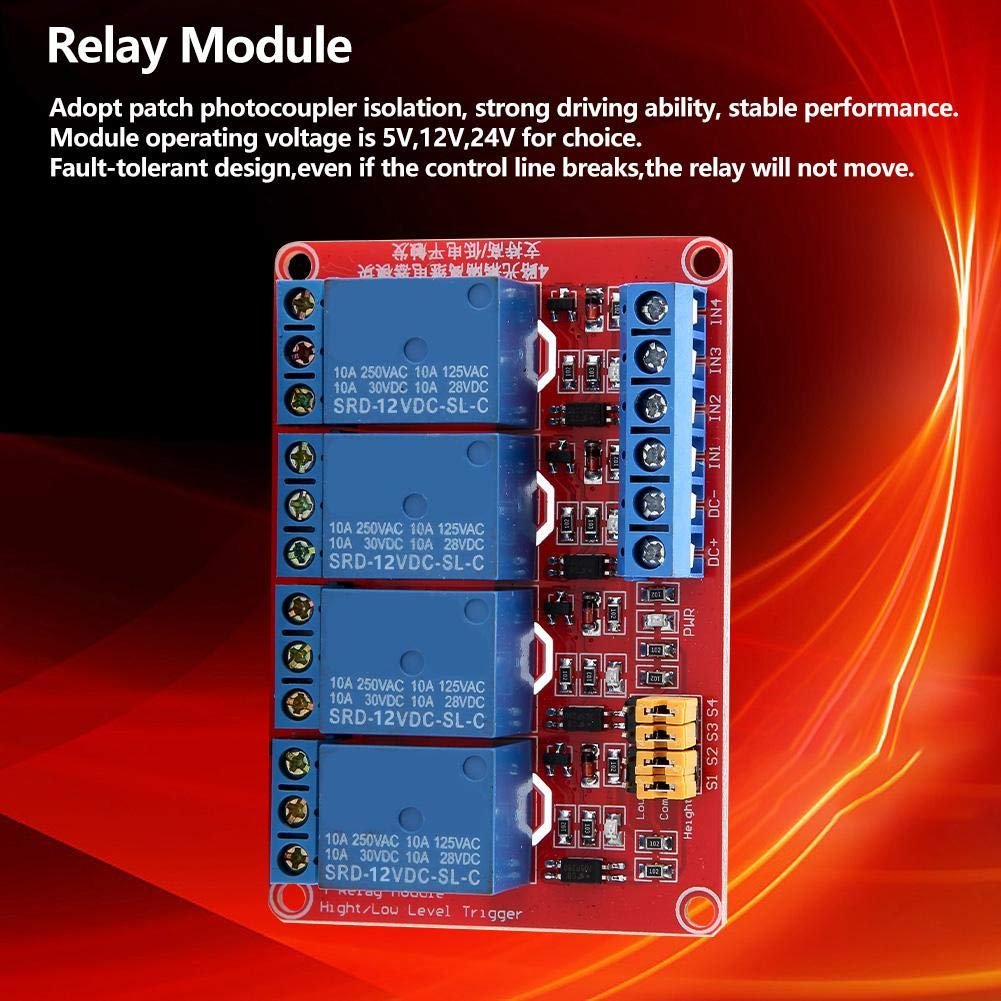 5V/12V/24V 4-Channel Relay Module, Optocoupler Relay Module Board High & Low for (12V)