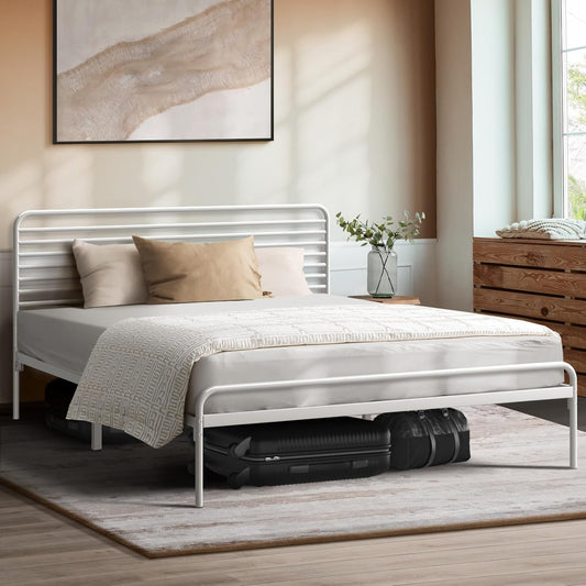 Oikiture Bed Frame Double Metal Bed Base with Headboard White