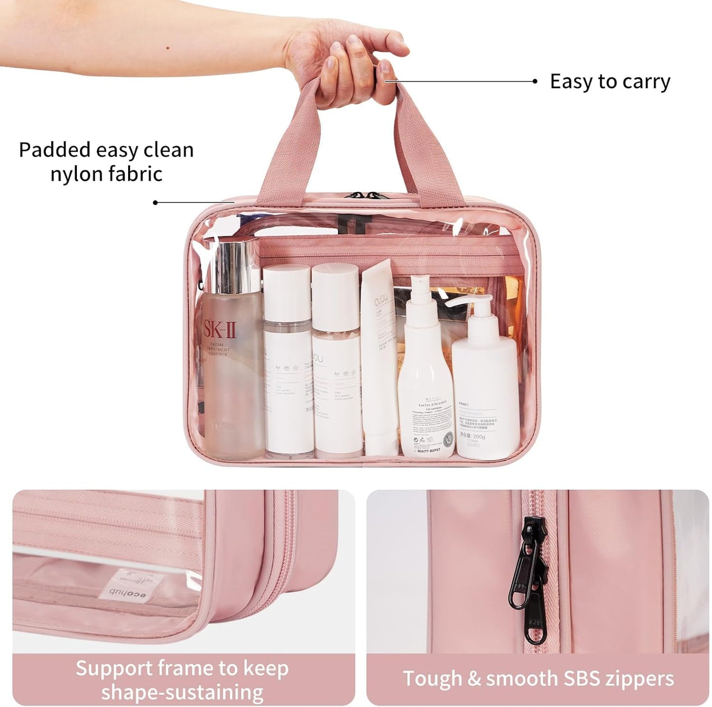 ECOHUB Clear Hanging Toiletry Bag, 9L Large Capacity Travel Makeup Bag, Waterproof Cosmetic Bag Fit Full Sized Toiletries or Cosmetics, Foldable Hygiene Bag for Makeup Accessories (Pink)
