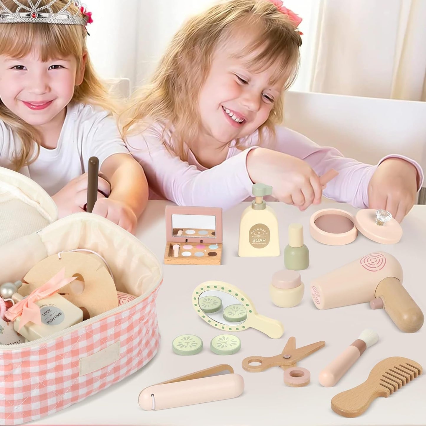 Pithfor Wooden Makeup Toy Set, Pretend Play Makeup Set for Kids Toddlers, Play Beauty Makeup Kit for Girls 3 4 5 6 7 Year Old