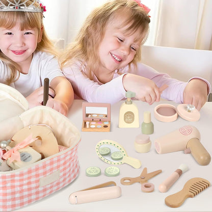 Pithfor Wooden Makeup Toy Set, Pretend Play Makeup Set for Kids Toddlers, Play Beauty Makeup Kit for Girls 3 4 5 6 7 Year Old
