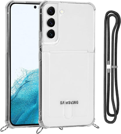 Cavor Clear Case for Samsung Galaxy S22 Slim Thin Back Cover with Shoulder Lanyard and Card Slot Soft Silicone TPU Transparent Case for Galaxy S22 5G 6.1 inch Wallet Case with Card Holder