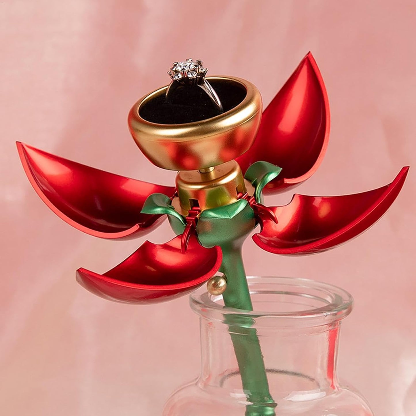 Hogvinnatil Flower Ring Box for Suggestion, Flower Ring Case - Flower Jewellery Ring Box with Stem | Push Up Automatic Open Jewellery Storage Holder, Romantic Organiser for Ear Sticks Earrings