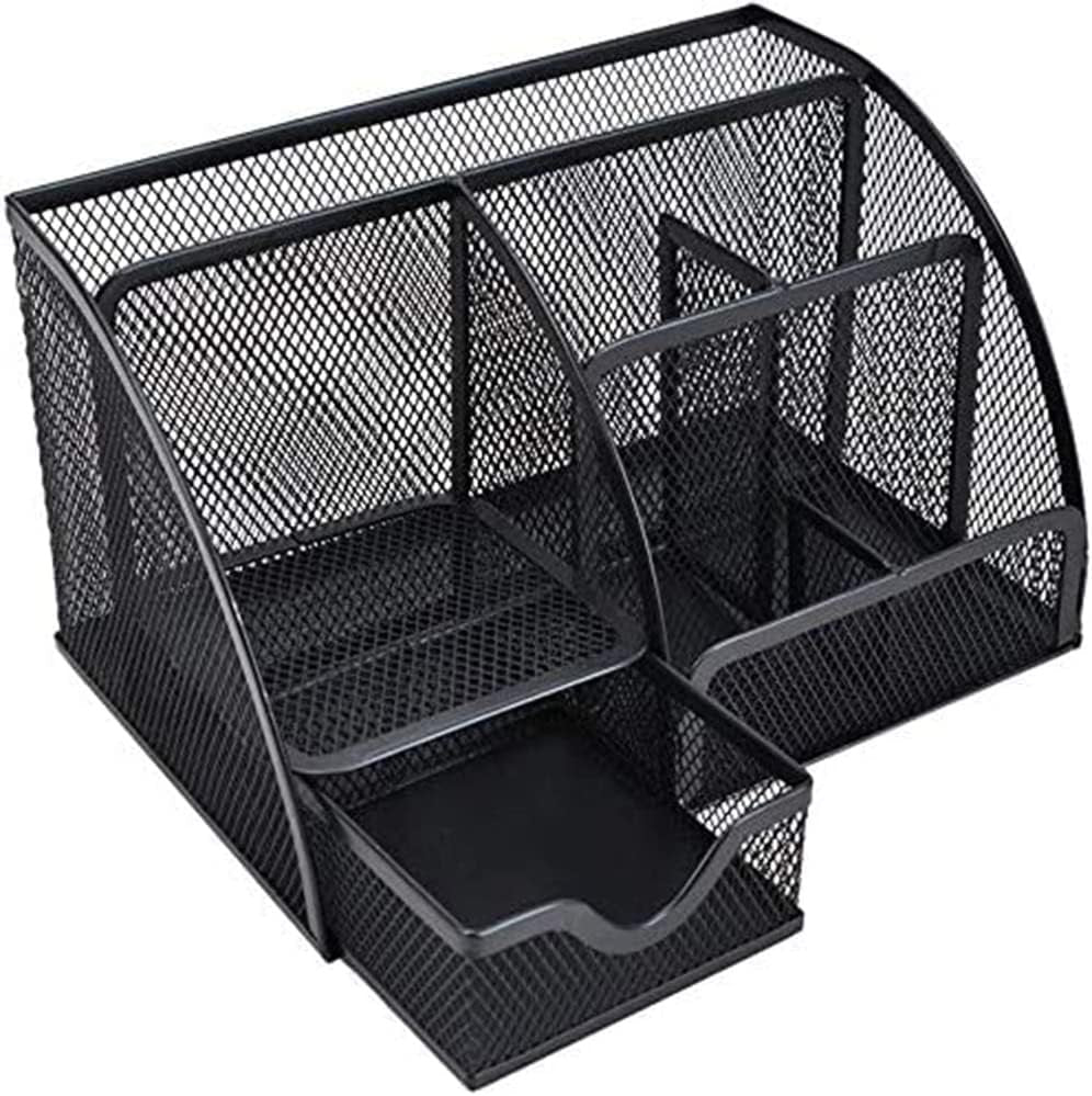 Gonice Black Mesh Desk Organizer, Multi-functional Pen Holder With 6 Compartments and 1 Drawer for Office Supplies and Desk Accessories, Desktop Organizer for Home,Office and School