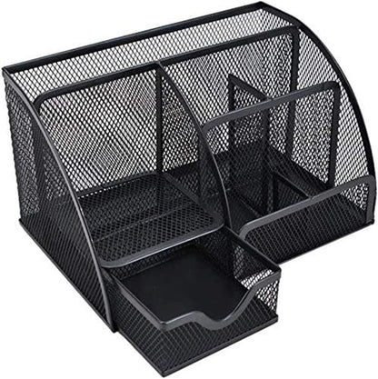 Gonice Black Mesh Desk Organizer, Multi-functional Pen Holder With 6 Compartments and 1 Drawer for Office Supplies and Desk Accessories, Desktop Organizer for Home,Office and School