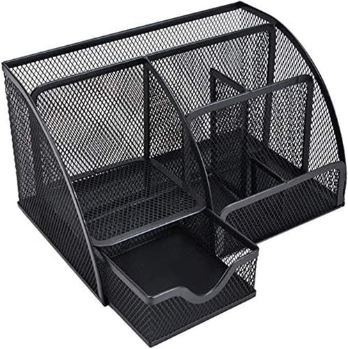 Gonice Black Mesh Desk Organizer, Multi-functional Pen Holder With 6 Compartments and 1 Drawer for Office Supplies and Desk Accessories, Desktop Organizer for Home,Office and School