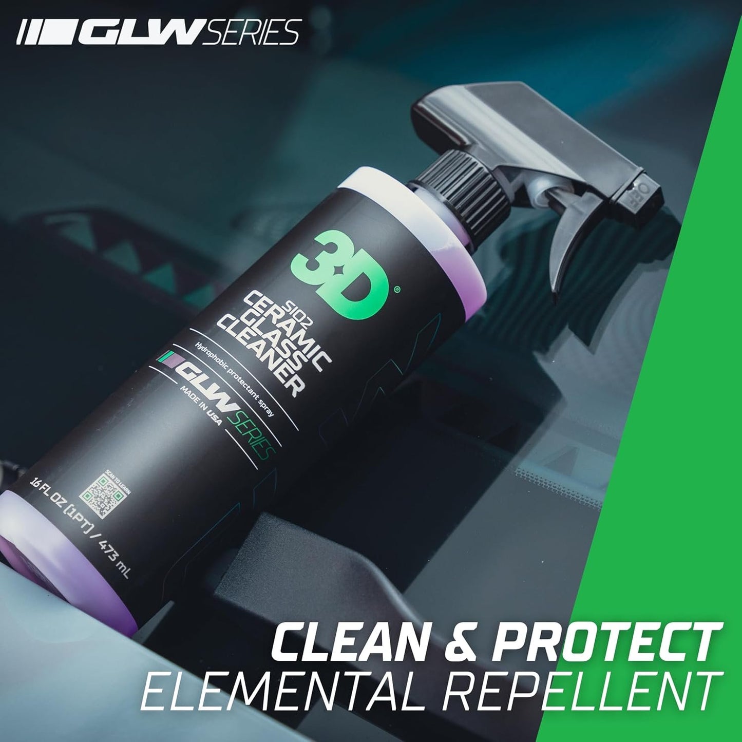 3D SiO2 Ceramic Glass Cleaner, GLW Series | Water & Rain Repellent | All-Weather Protective Ceramic Glass Cleaner | Safe for Tinted, Non-Tinted Windows & Mirrors | DIY Car Detailing | 64 oz