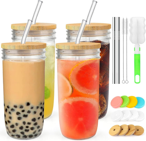 4 Pack Glass Cups Set - 24oz Mason Jar with Bamboo Lids and Glass Straw & 12 Airtight Lids, Brush - Glass Drinking Cups, Reusable Travel Tumbler Bottle for Iced Coffee, Smoothie, Bubble Tea, Gift