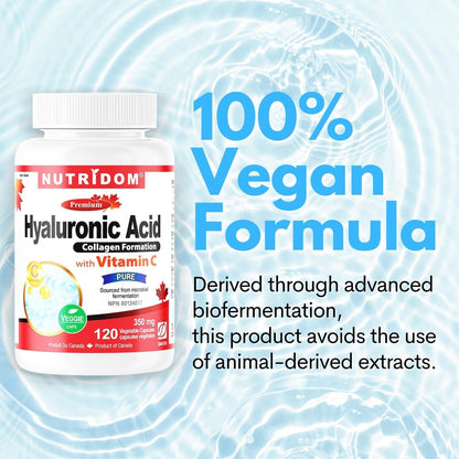 Nutridom Hyaluronic Acid Supplements 200mg with Vitamin C (120 count) Vegan, Non-GMO, Gluten-free, Dairy-free, and Soy-free
