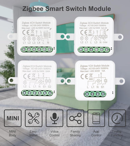 4CH Zigbee Mini Smart Switch Relay Module Support 2 Way Control Switch for Smart Home Automation, Compatible with Alexa