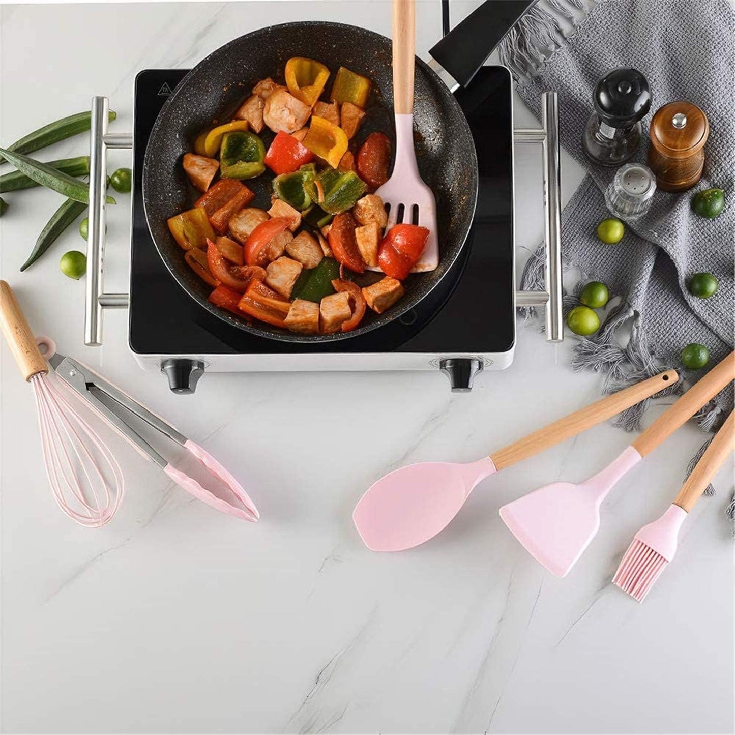 Hubei Silicone Kitchen Utensils Set Kitchen Utensils Wooden Handles Heat Resistant Kitchen Gadgets Grey Kitchen Utensils Non-Stick (Pink-12pcs)