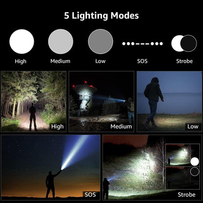 Lepro LED Torch Rechargeable, 15000 Lux Super Bright Adjustable Focus Flashlight with 5 Modes, IPX4 Waterproof, Lightweight Handheld Torch for Camping, Running.