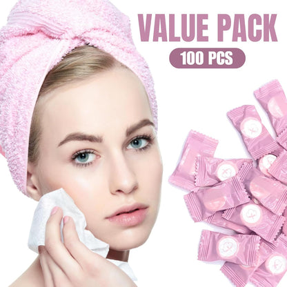Compressed Towel 100 PCS Mini Tablets, JOMWEN Disposable Portable Cotton Face Towel, Soft Facial Washcloth for Travel, Camping, Hiking, Sport, and Other Outdoor Activities Pink