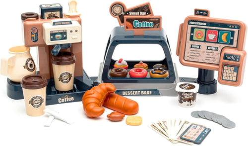 Pretend Role Play Toy Coffee Shop for Boys and Girls with Coffee Maker Machine and Fake Donuts 41Pcs (coffe2)