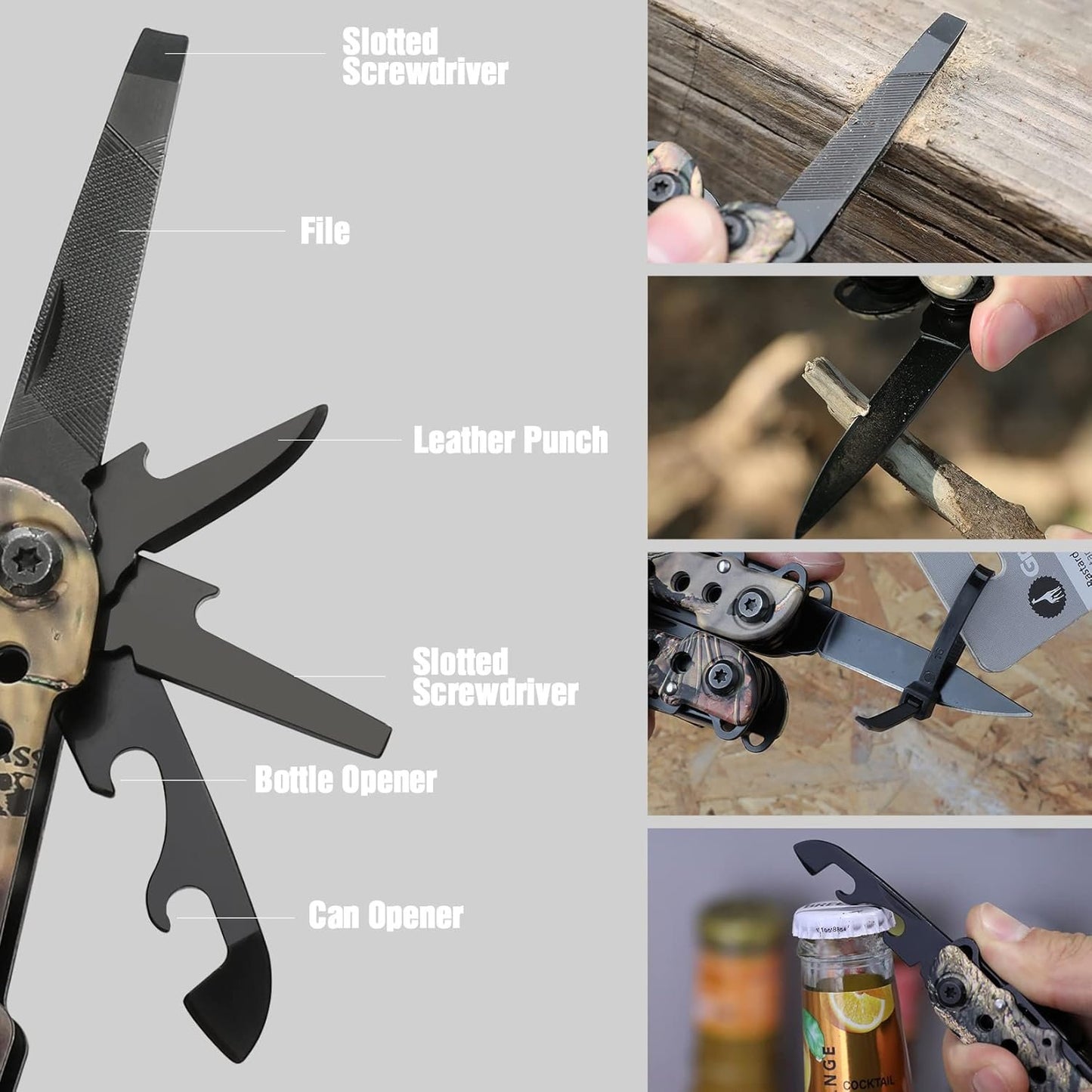 MOSSY OAK Camo Multi Tool Portable Outdoor Folding Pocket Multitool with Nylon Sheath, Knife, Pliers, Screwdrivers and More, Stainless Steel