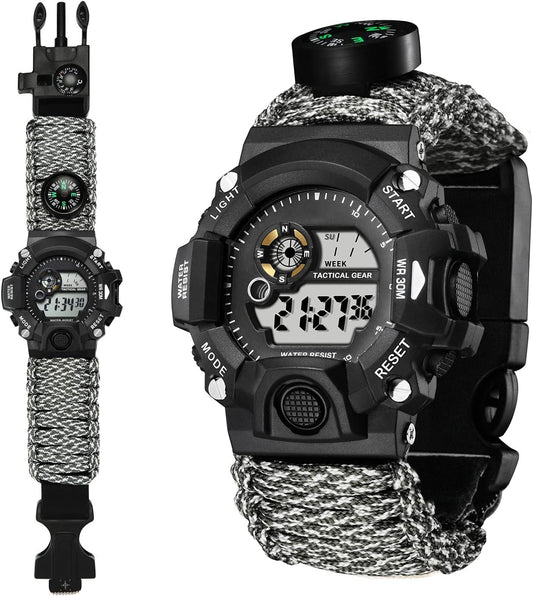 TecHong Multifunction Outdoor Survival Bracelet Watch, Emergency Sport Waterproof Wristband First Aid Tools with Paracord, Compass, Thermometer, Whistle, Fire Starter for Camping & Adventure