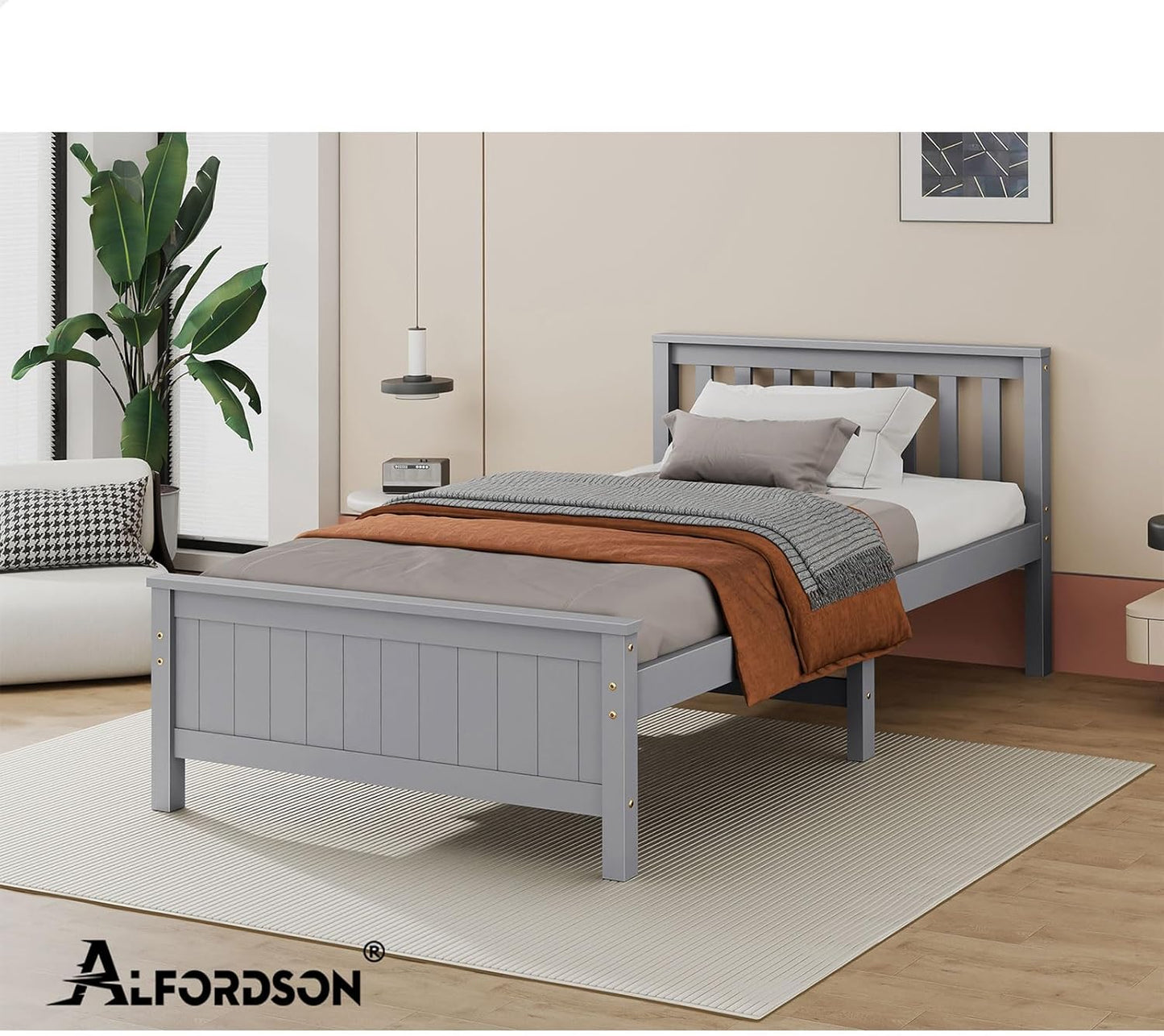 ALFORDSON King Single Size Wooden Bed Frame Base Fabiano Series with Headboard & Tailboard, Slatted Design with Solid Pine Wood Construction for Home Bedroom, Modern Scandinavian Style, Grey
