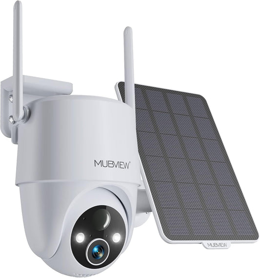 MUBVIEW Solar Security Cameras Wireless Outdoor, 360Â° PTZ Battery Powered Outdoor Camera, 2.4Ghz WiFi Security Camera for Home, 2K, Color Night Vision, Motion Detection, Storage Card/Cloud Storage