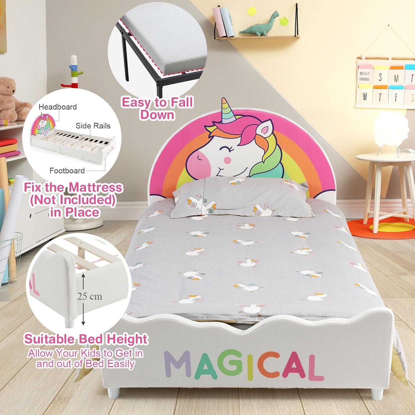 HONEY JOY Single Bed Frames for Kids, Wood Upholstered Twin Bed Platform with Slat Support, Padded Headboard & Footboard, Girls & Boys Bed for Over 3 Years Old, Fits Standard Twin Mattress (Rainbow)