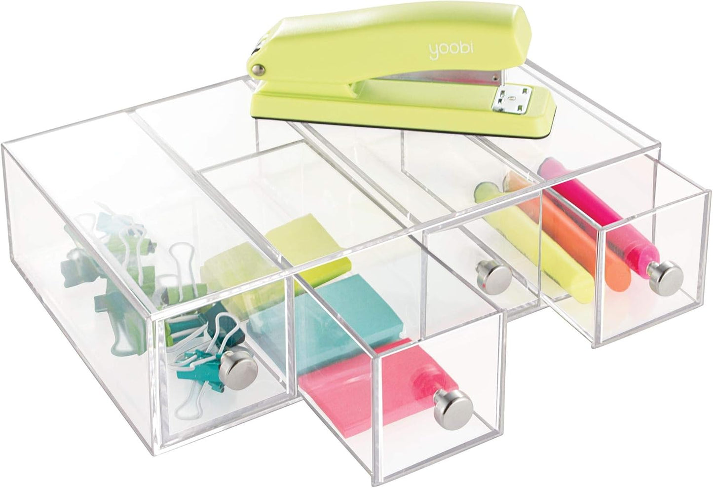 iDesign Makeup Organizer with 4 Drawers, Mini Drawer Makeup Organizer for Make Up, Cosmetics, Jewelry, Makeup Organizer with Plastic Swivel Drawers, Clear