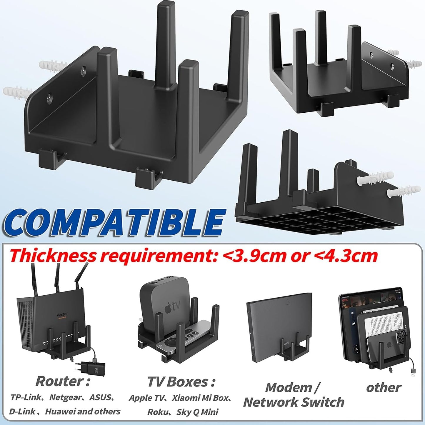 sciuU Wall Mount for Router, TV Box, Modem, Network Switch – Shelf for 2 Devices with Thickness < 3.8 cm / 4.3 cm – Compatible with Apple TV, Xiaomi Mi Box, Roku, TP-Link, ASUS, Sky Q Mini
