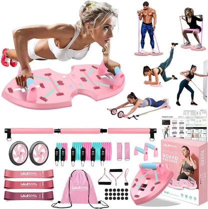 LALAHIGH Portable Home Gym System for Men and Women:Push Up Board, Pilates Bar & 20 Fitness Accessories with Resistance Bands and Ab Roller Wheel-Professional Strength Training Exercise