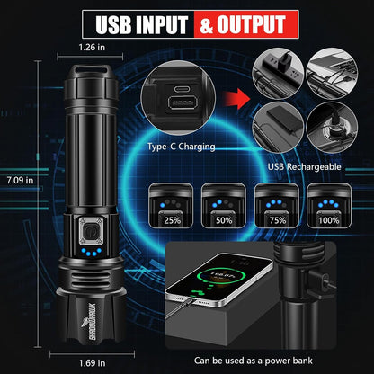 Shadowhawk Flashlight Rechargeable, 990000lm Flash Light Led flashlights high lumens, Super Bright Flashlight Tactical, XHP70.2 Powerful Flashlight USB,Waterproof Lampe de poche for Camping Emergency